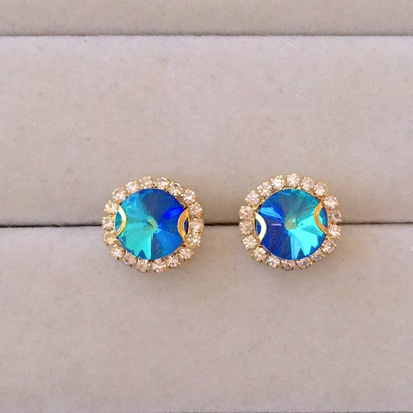 Jewelry - Light Sapphire Aurora Borealis + Gold Rivoli Crystal Halo Earrings